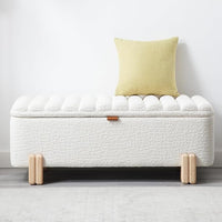 Kmax 45" Storage Bench Faux Fur Entryway Bench Upholstered Ottoman Bench with Wavy Top & Safty Hinge for Bedroom Living Room Hallway, White