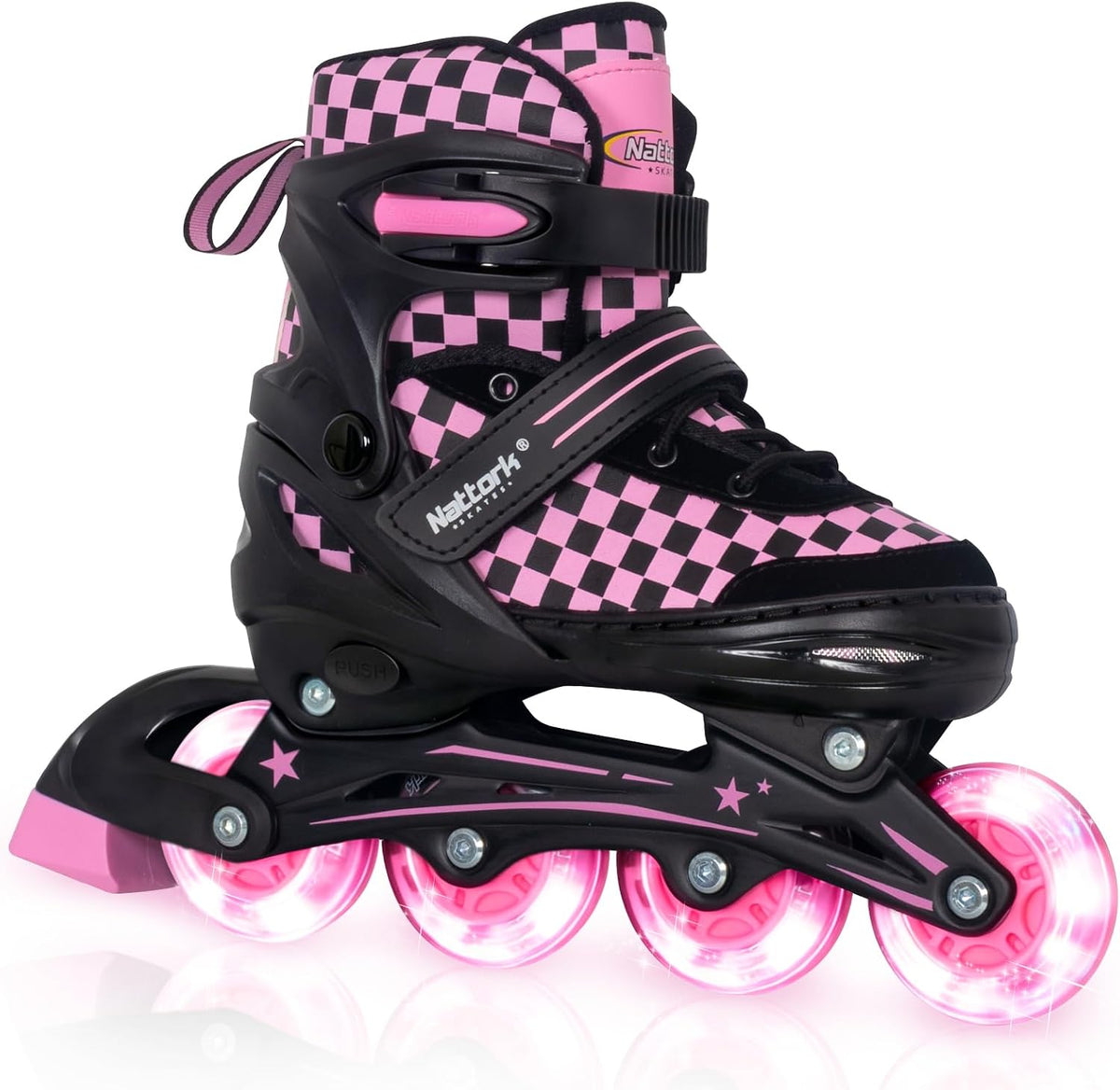 Nattork adjustable inline skates for kids with light-up wheels and checkerboard upper - view 7