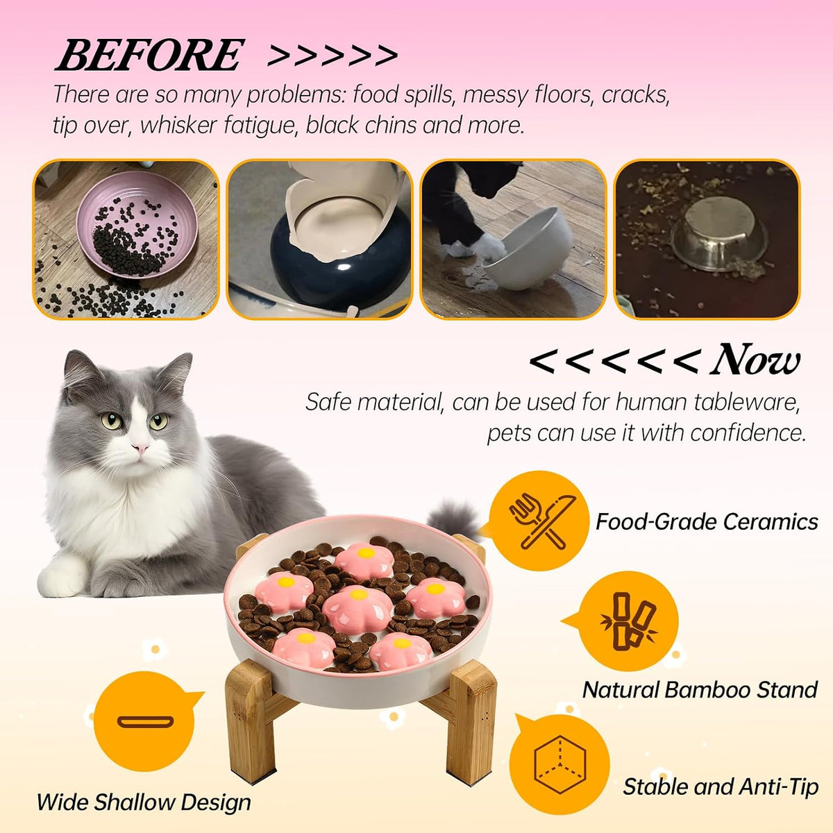 Ceramic Slow Feeder Cat Bowl, 6.3" Whisker Friendly Anti-Vomit - Pink + Stand - image 4