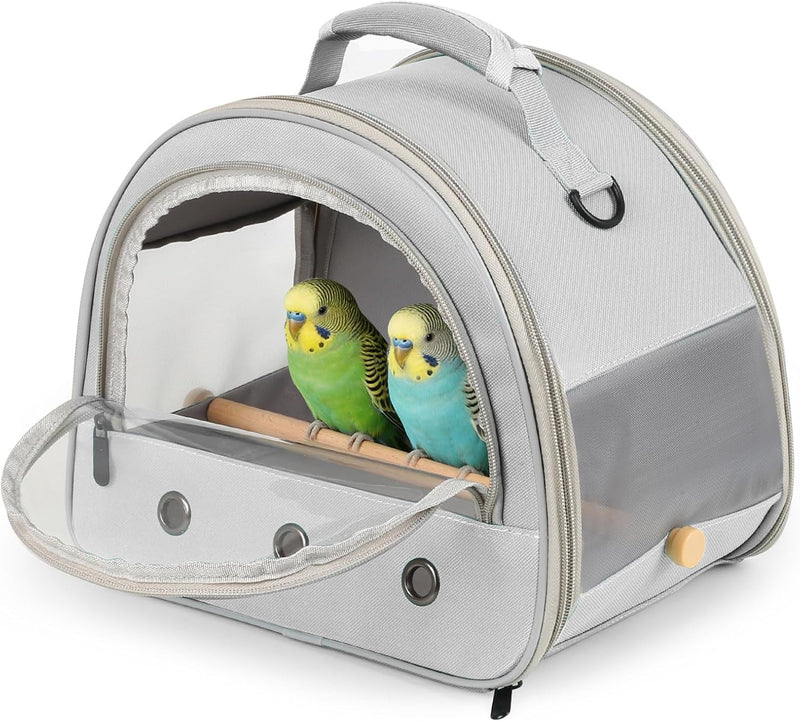 Bird Carrier, Portable Small Bird Parrot Parakeet Carrier with Standing Perch and Mat, Side Access - Grey / Horizontal Perch
