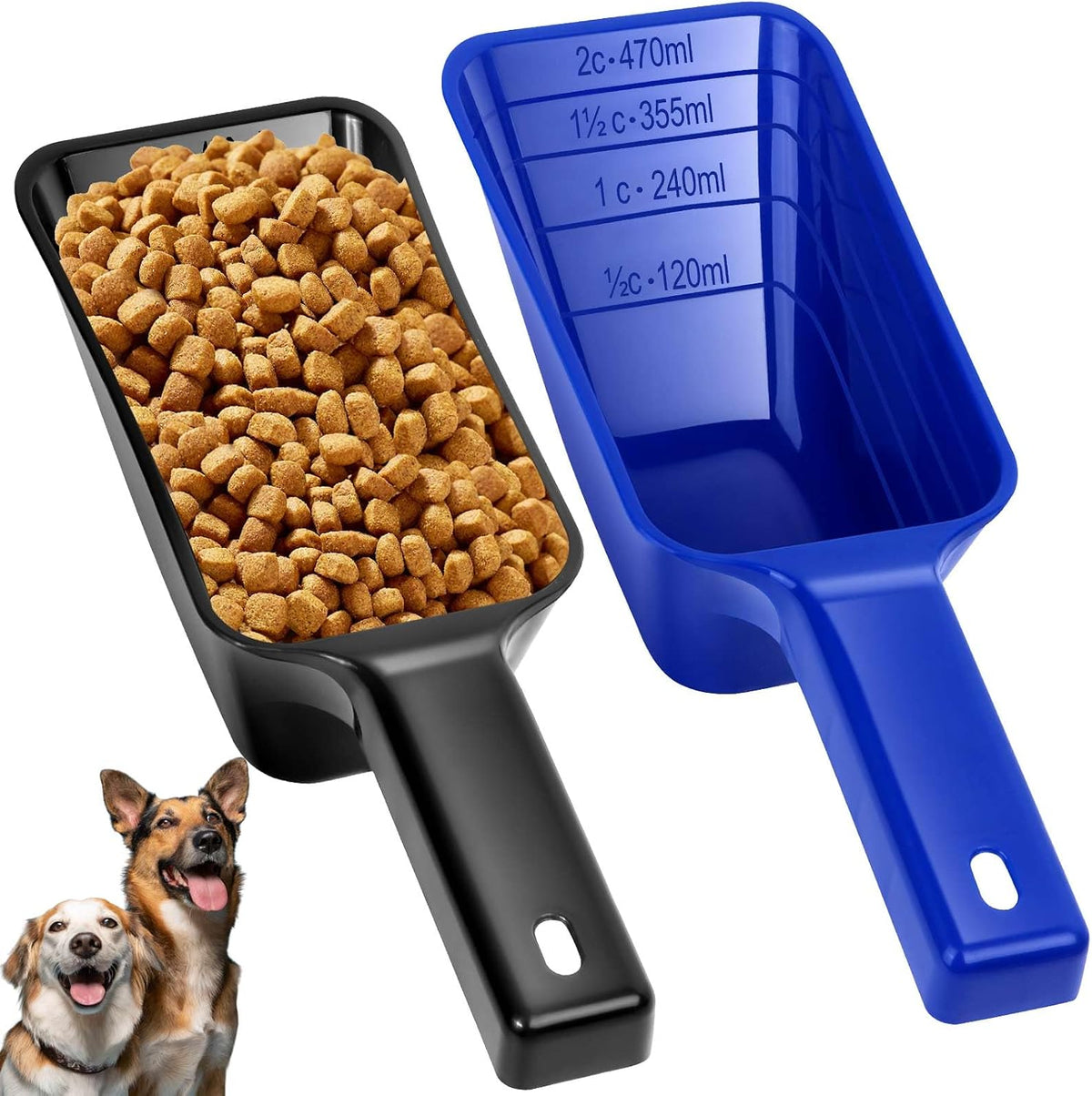 2 Cup Dog Food Scoop, Plastic Pet Food Scoop with Measuring Lines for Accurate Pet Food - Black and Blue