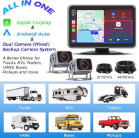 HD1080P Wired Backup Camera System with Apple Carplay & Android Auto,10'' Touch Screen Monitor, 2 Rearview Reverse Cameras, Night Vision, IP68-rated Backup Camera for Trucks, RVs, Trailers