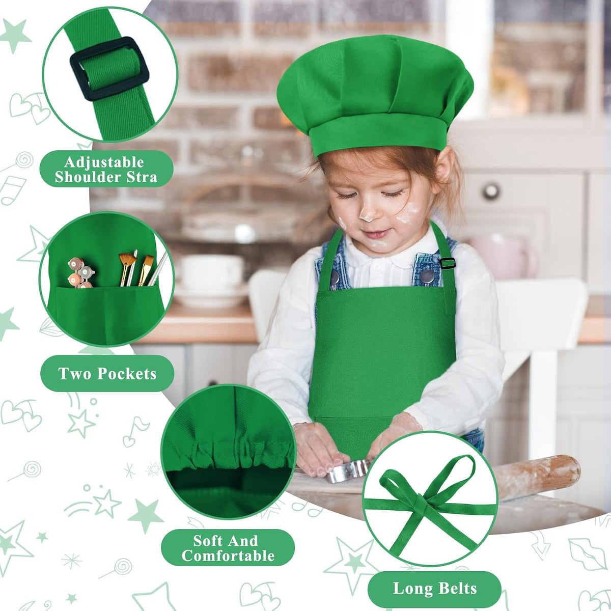 Kids Apron and Chef Hat Set Adjustable Child Art Aprons with 2 - M-green / Small - image 3
