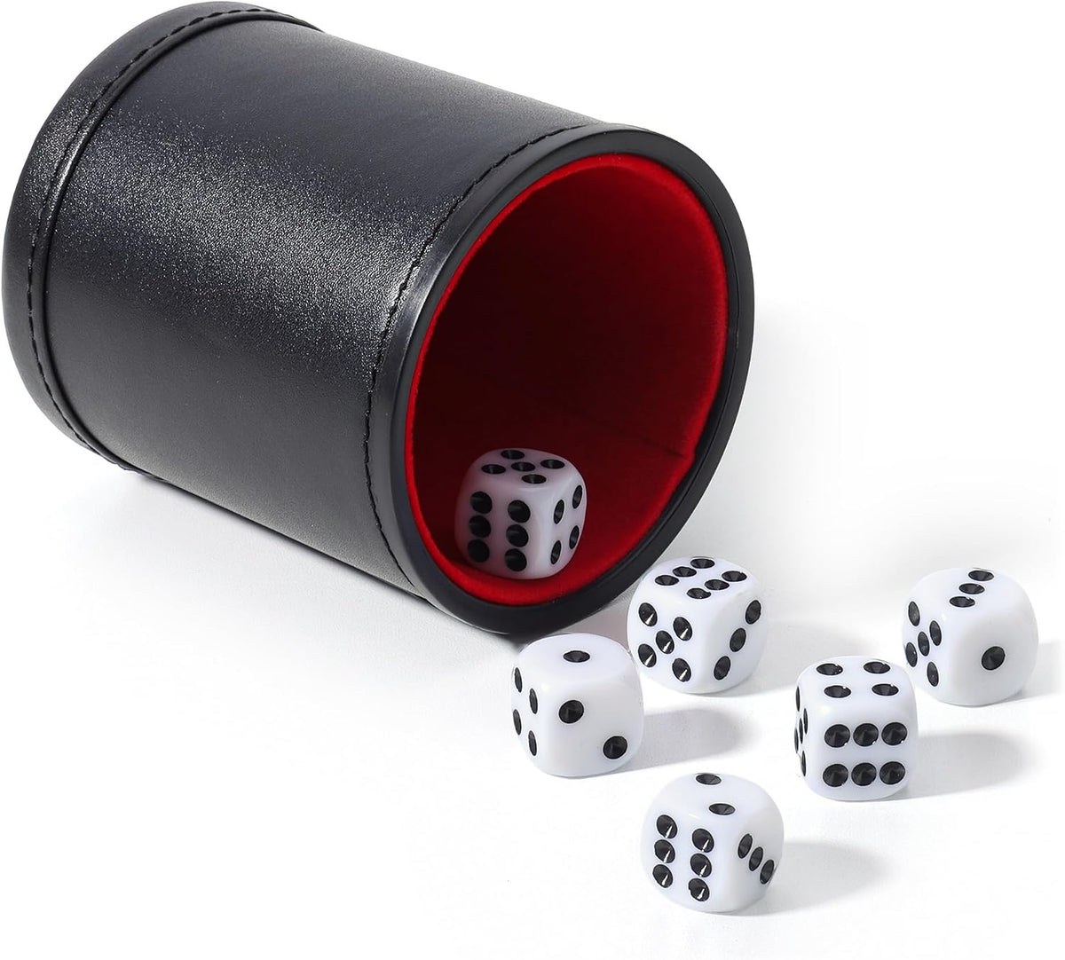 Felt Lined PU Leather Dice Cup Set with 6 Dot Dices – Fun for Kids & Family - Black