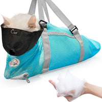 Cinf light blue mesh cat bathing bag with zippers, adjustable buckle and muzzle