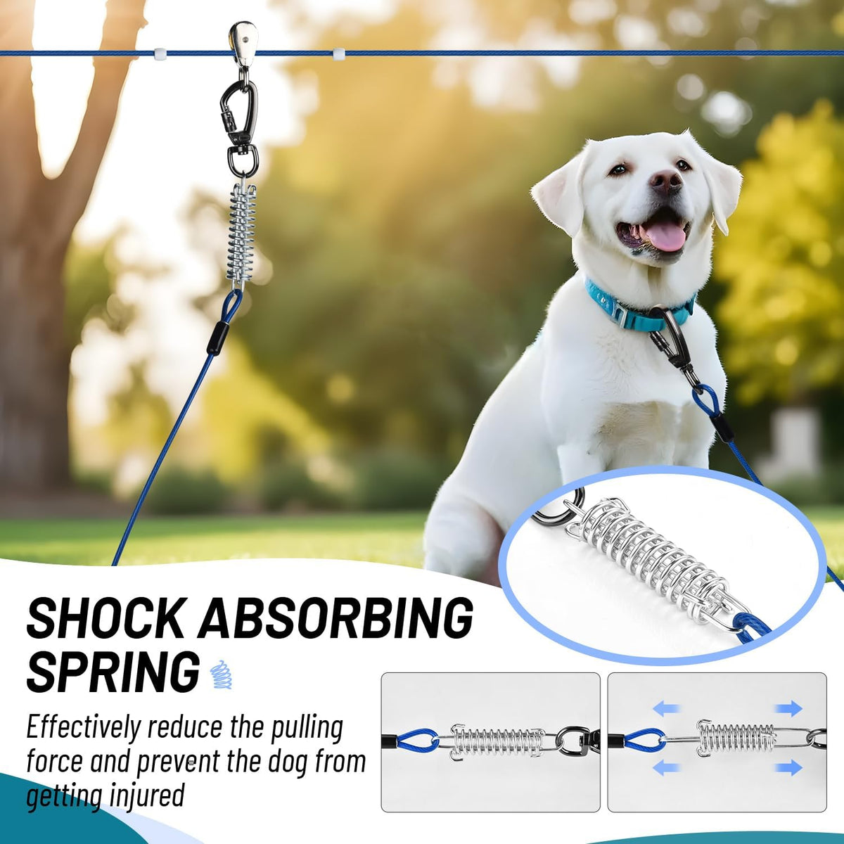 Dog Runner for Yard, Heavy Duty 100FT Dog Runs for Outside with 10FT Tie Out Cable, Trolley System - 100ft run cable+10ft tie out cable / Dark Blue - image 2