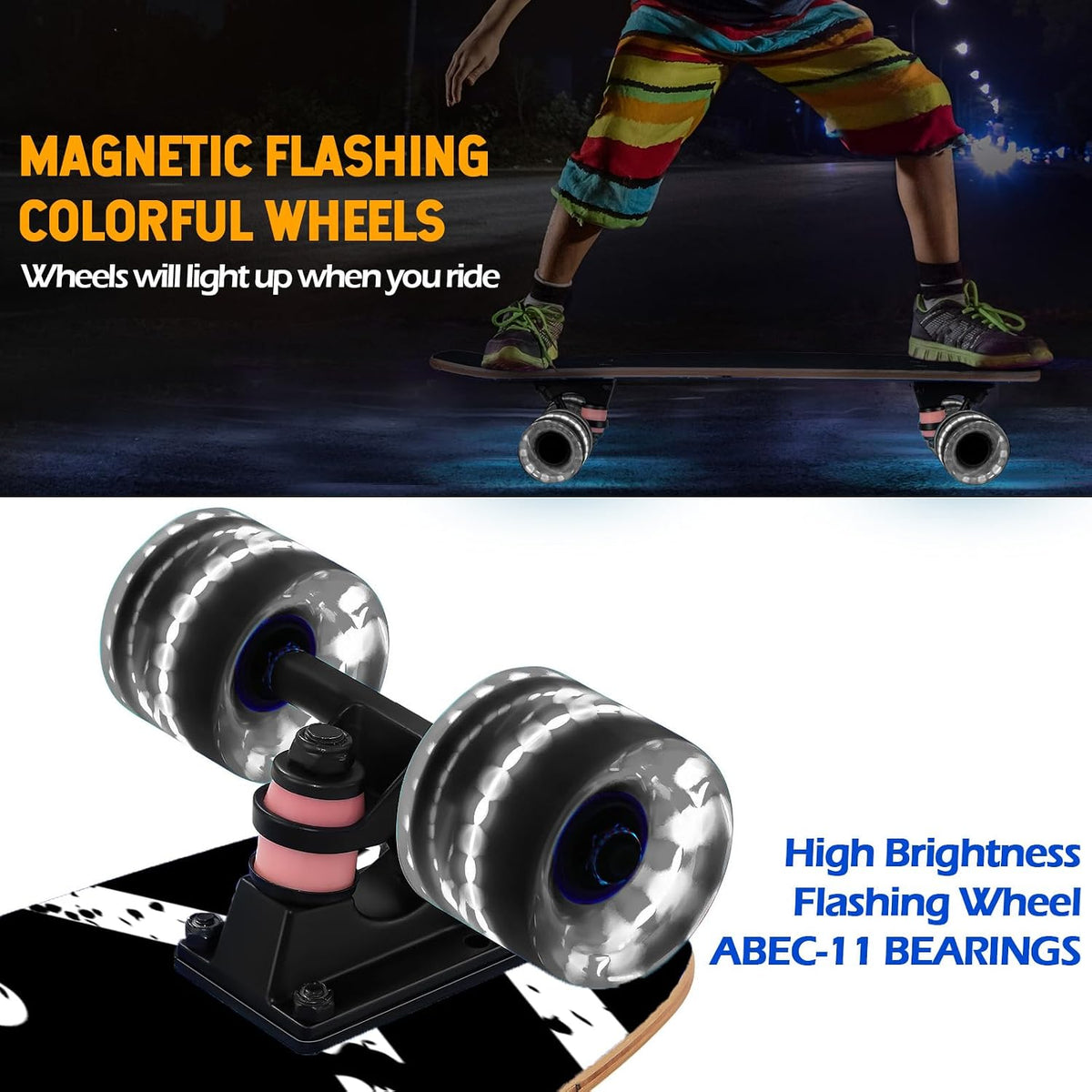 Skateboards with Colorful Flashing Wheels for Beginners, Kids - X-BlackWhite - image 4