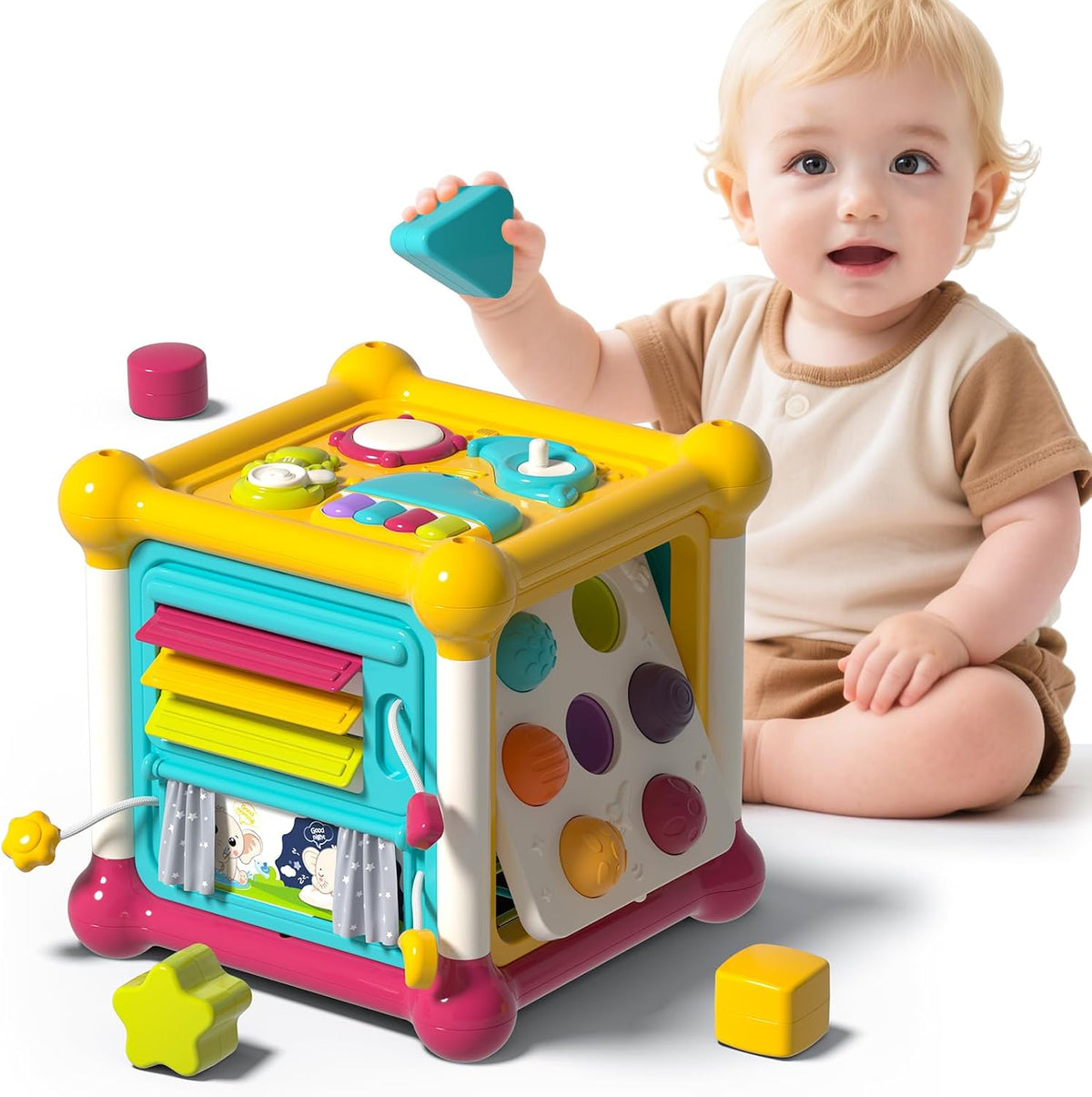 PANITU 12-in-1 baby activity cube with music, gears and pop up toys