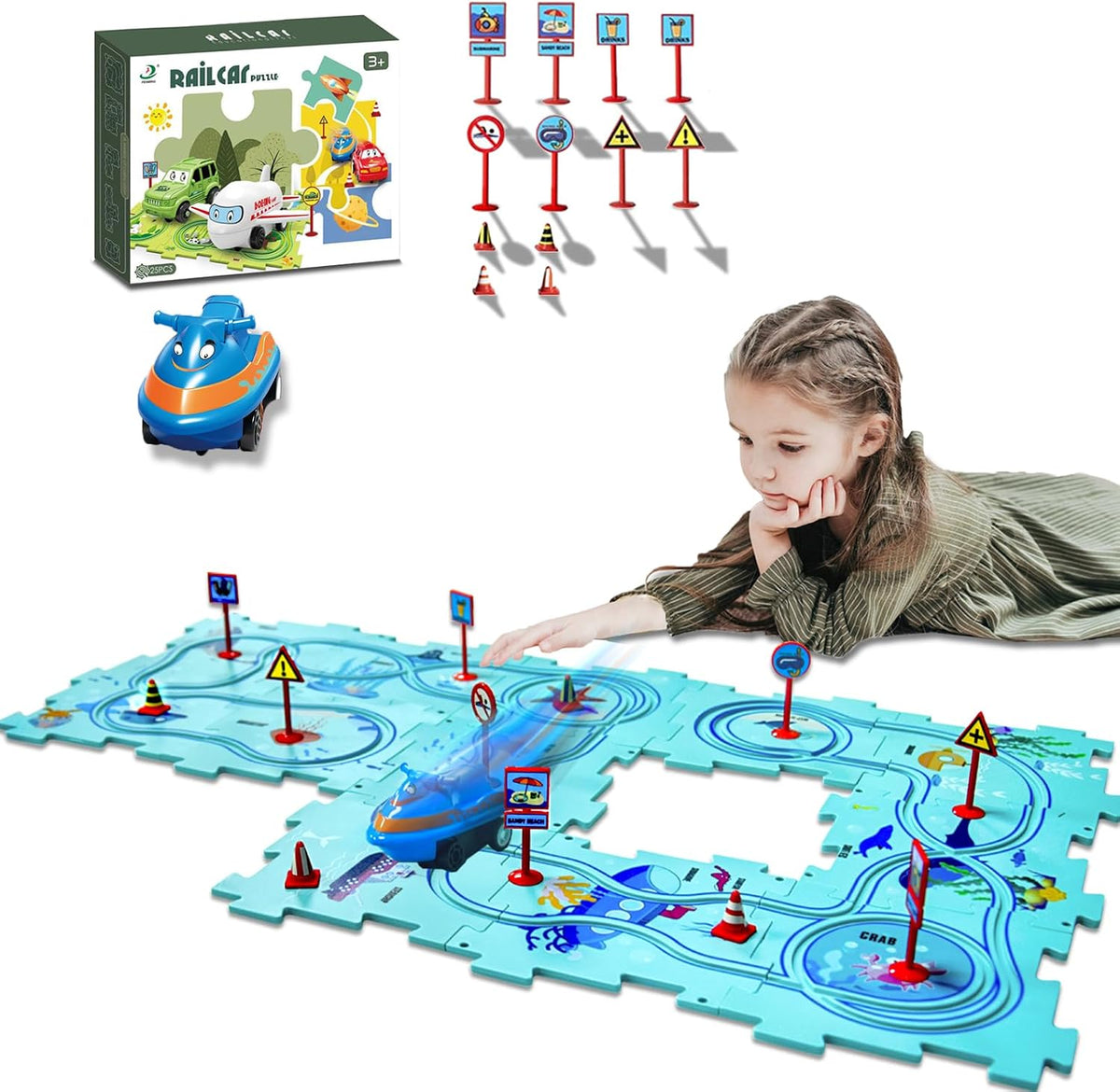 Ubegger puzzle car track set with puzzle road pieces, road signs and battery cars