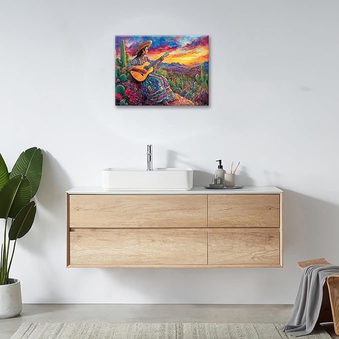 Mexican Women Pictures Wall Art, Cactus Landscape Bathroom Wall Decor, Nature Scenery Aesthetics Framed Painting Desert Modern Canvas Artwork for Bathroom Bedroom Living Room Decorations 24"L x 16"W