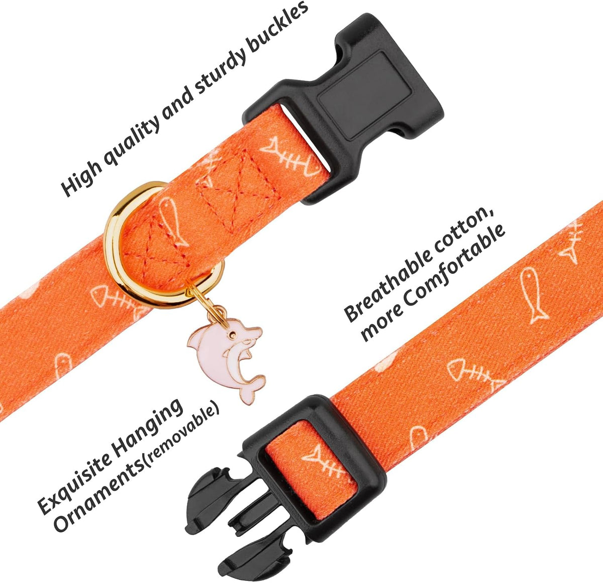 Cotton Dog Collar White and Pink Love Heart with Pendant Cute Dog - Orange Fish / M - image 2