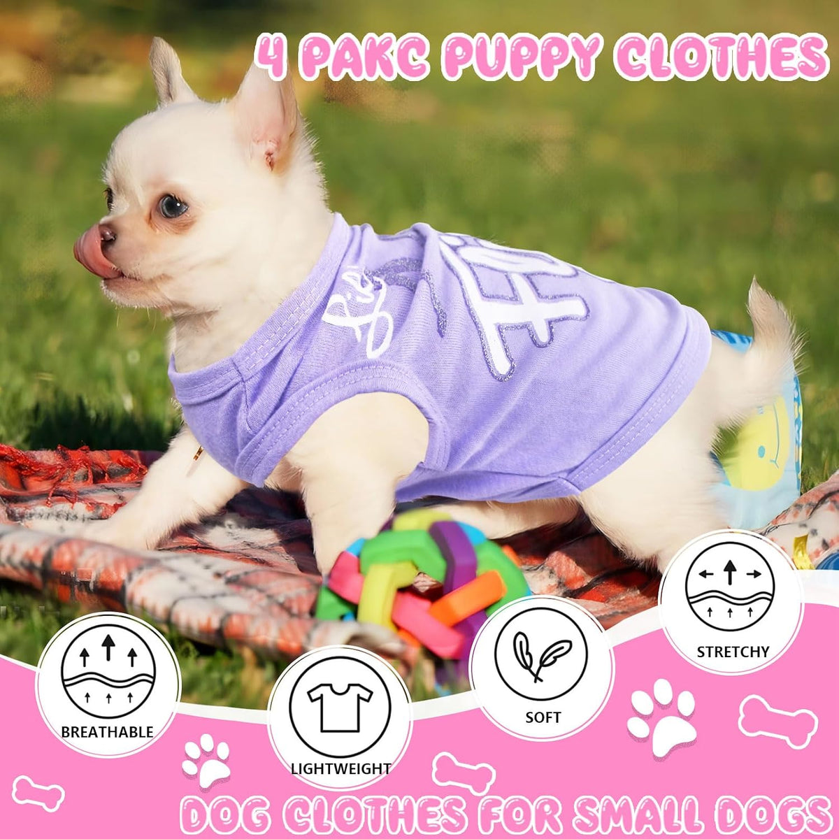 4 Pieces Dog Clothes for Small Dogs Girl Soft Puppy Shirt Cute - Small / pink,purple - image 2
