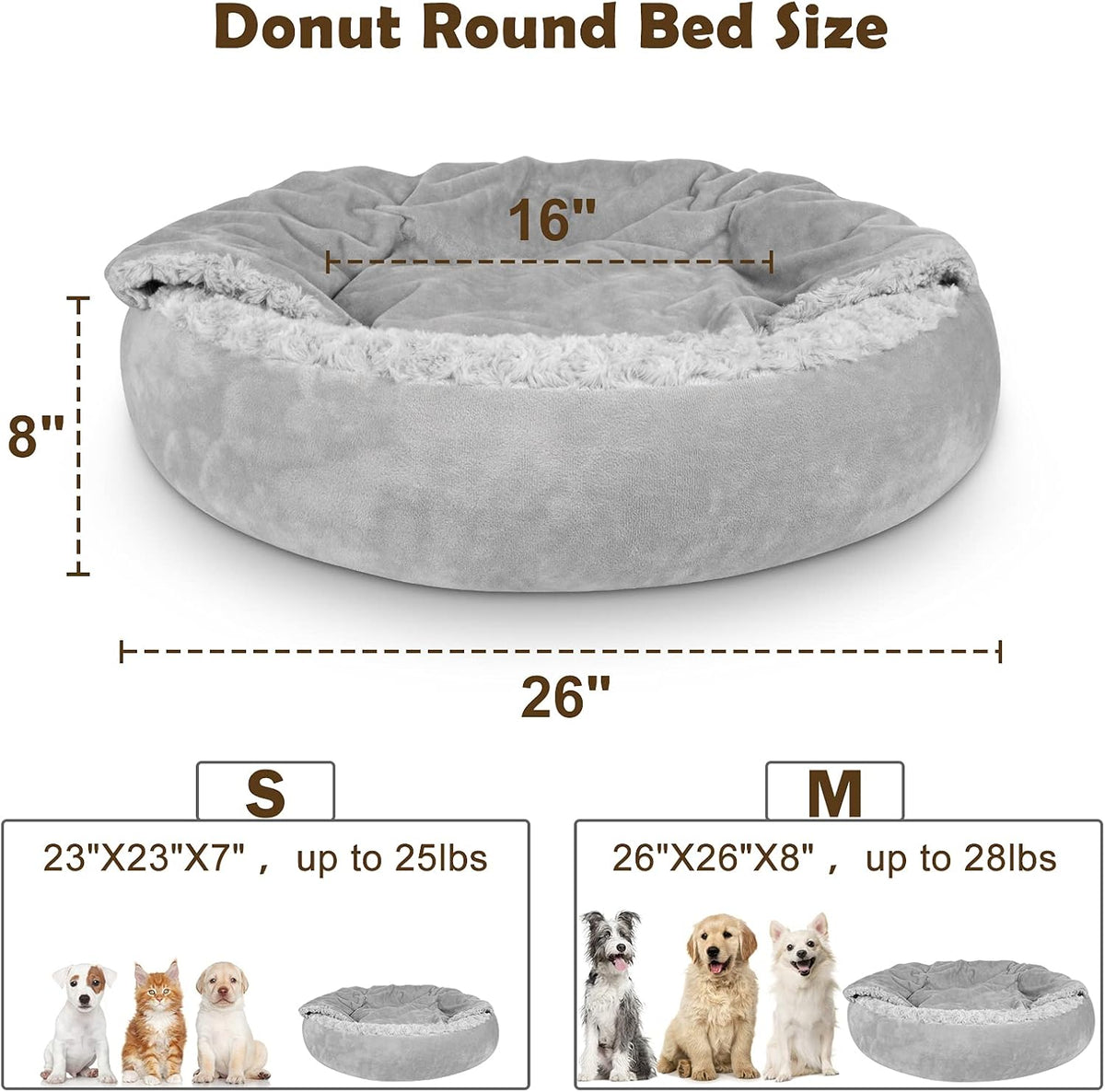 JOEJOY Small Dog Bed Cat Bed with Hooded Blanket - M(26" x 26" x 8") / Grey - image 2