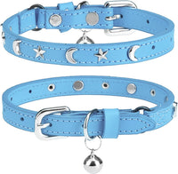 Leather Cat Collar, Breakaway Kitten Collars with Bell, Black – Essentials for Small Pets - Light Blue_Star & Moon / 8"-12" Cats / Mini Dogs(Pack of 1)