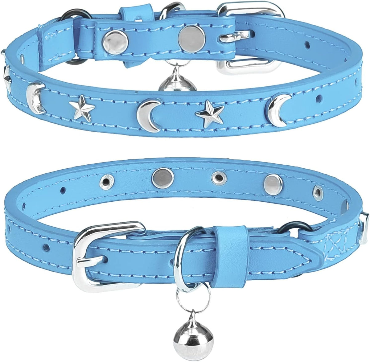 Leather Cat Collar, Breakaway Kitten Collars with Bell, Black – Essentials for Small Pets - Light Blue_Star & Moon / 8"-12" Cats / Mini Dogs(Pack of 1)