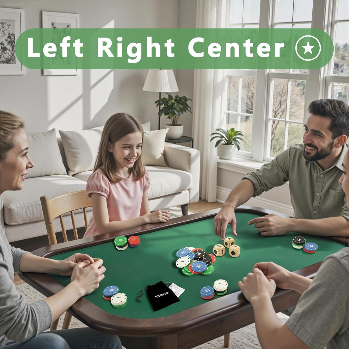 Bilywey Left Right Dice Game Set with 3 Dices + 36 Black Chips – Fun for Kids & Family - Wood Set - image 3