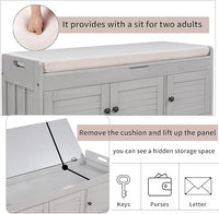 Storage Bench with 3 Shutter-Shaped Doors, Wood Shoe Bench with Removable Cushion and Hidden Storage Space for Entryway, Living Room, Hallway 43.5" L*16" W*18" H (Gray Wash Pine)