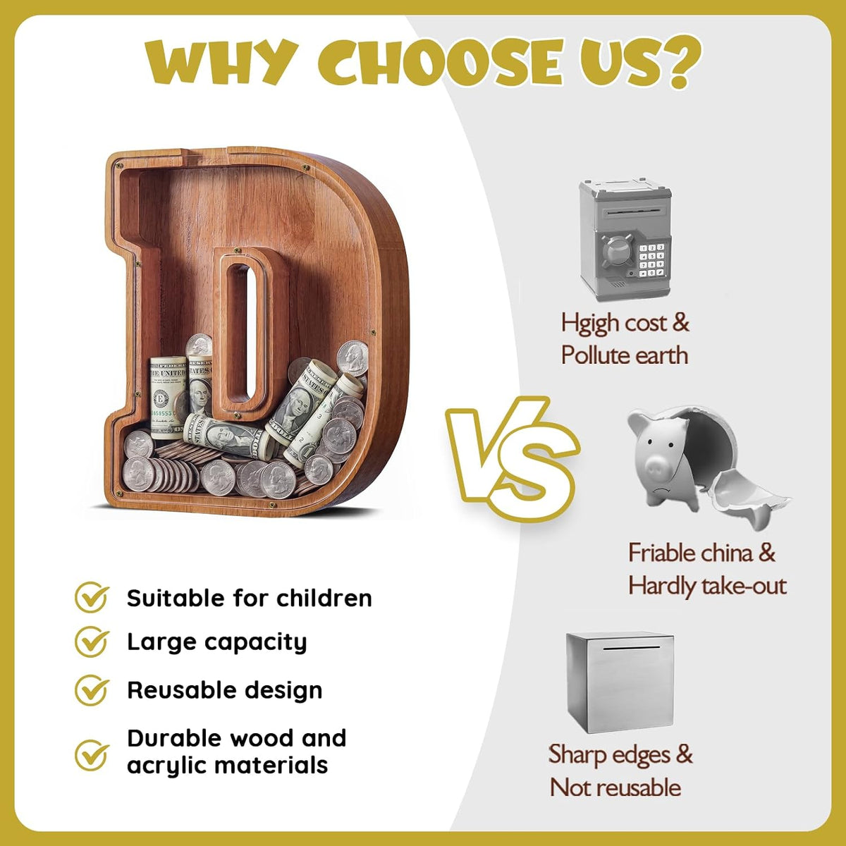 KMC wooden letter piggy bank, oak initial coin bank with clear plexiglass front - view 20