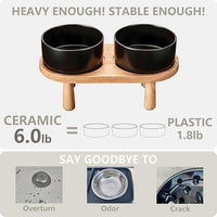 Ceramic Elevated Dog Bowls, Pet Food and Water Bowl Set for Medium and Small Dogs, 3.5 Cups Dog Bowls Raised with Wood Stand, 29OZ, Black