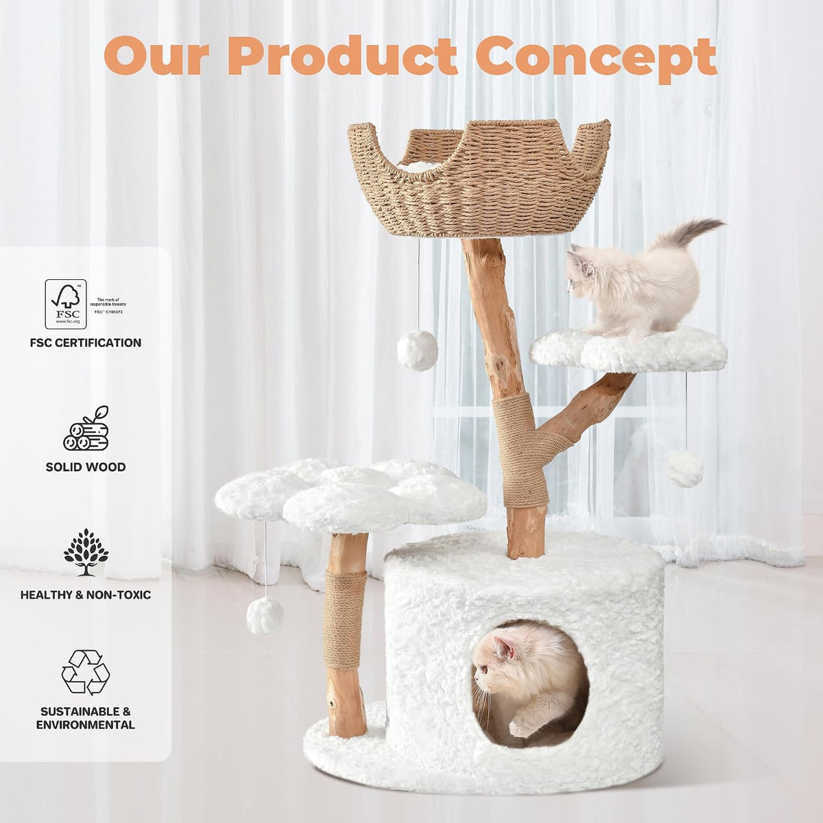 Easyego Modern Cat Tree, 26.3" Aesthetic Wood Cat Tree Tower for Small Cats – Essentials for Cats - White / 40.5'' - image 4