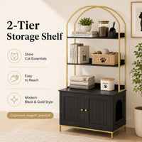 Cat Litter Box Enclosure with 2-Tier Shelves - Black and Gold - image 2