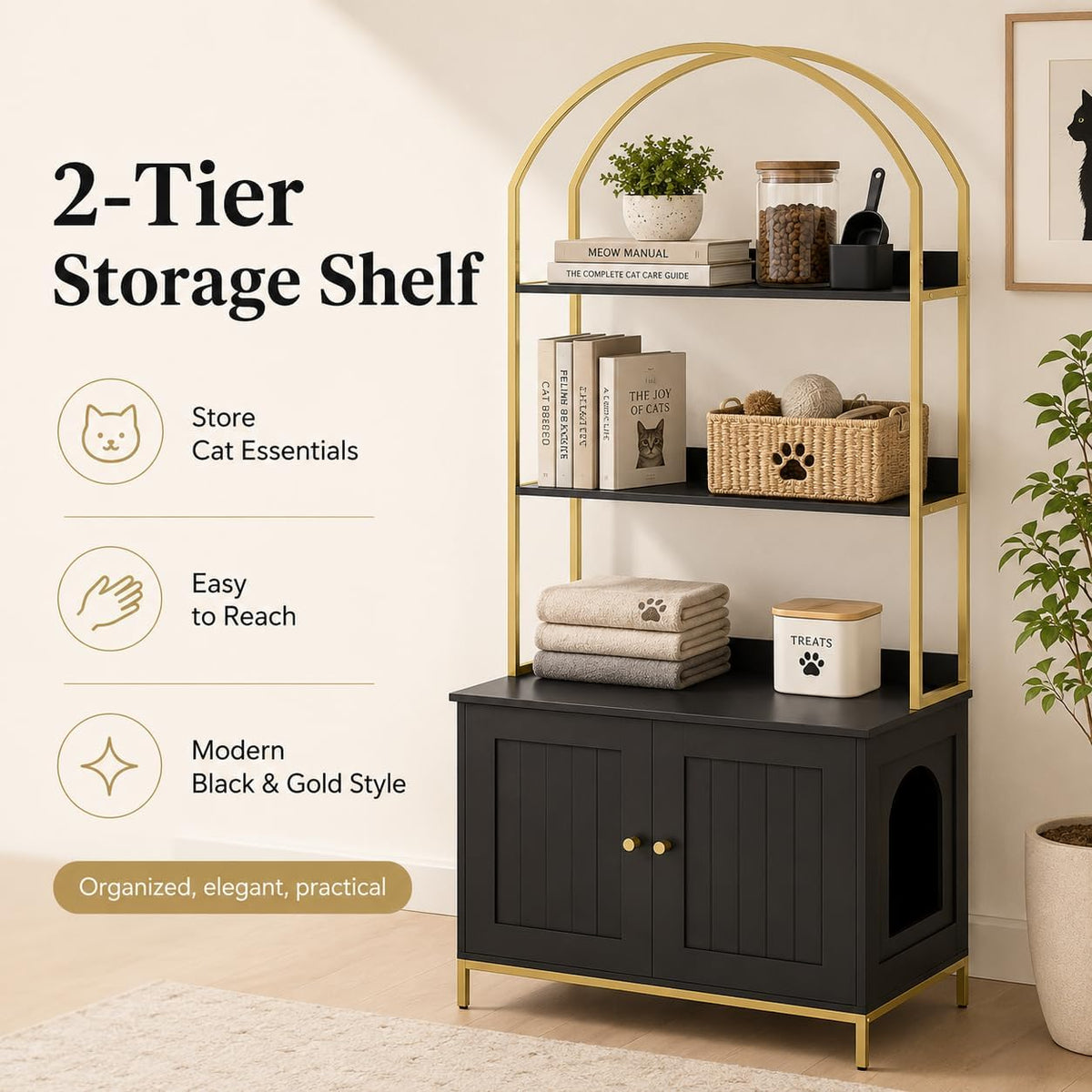Cat Litter Box Enclosure with 2-Tier Shelves - Black and Gold - image 2