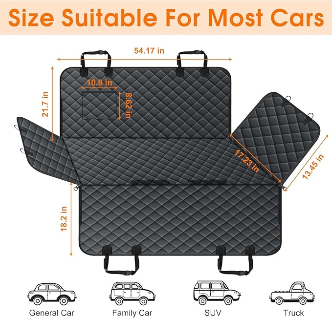 Waterproof Dog Car Seat Cover for Back Seat - Durable, Scratch Proof Pet Hammock with Nonslip Design & Storage Pockets, Fits Cars, SUVs, Trucks- S, Black