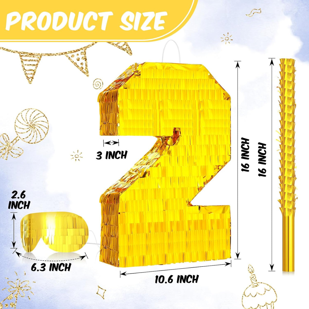 Sratte gold foil number piñata set with gold blindfold, piñata stick and bag of confetti - view 27