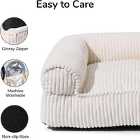 FUKUMARU Dog Couch Bed, Corduroy Cozy Cat Bed for Indoor Cats with Washable Cover, Supportive Waterproof Dog Beds Sofa for Small Dogs and Large Cats Cute, 28inch, Medium, Cream