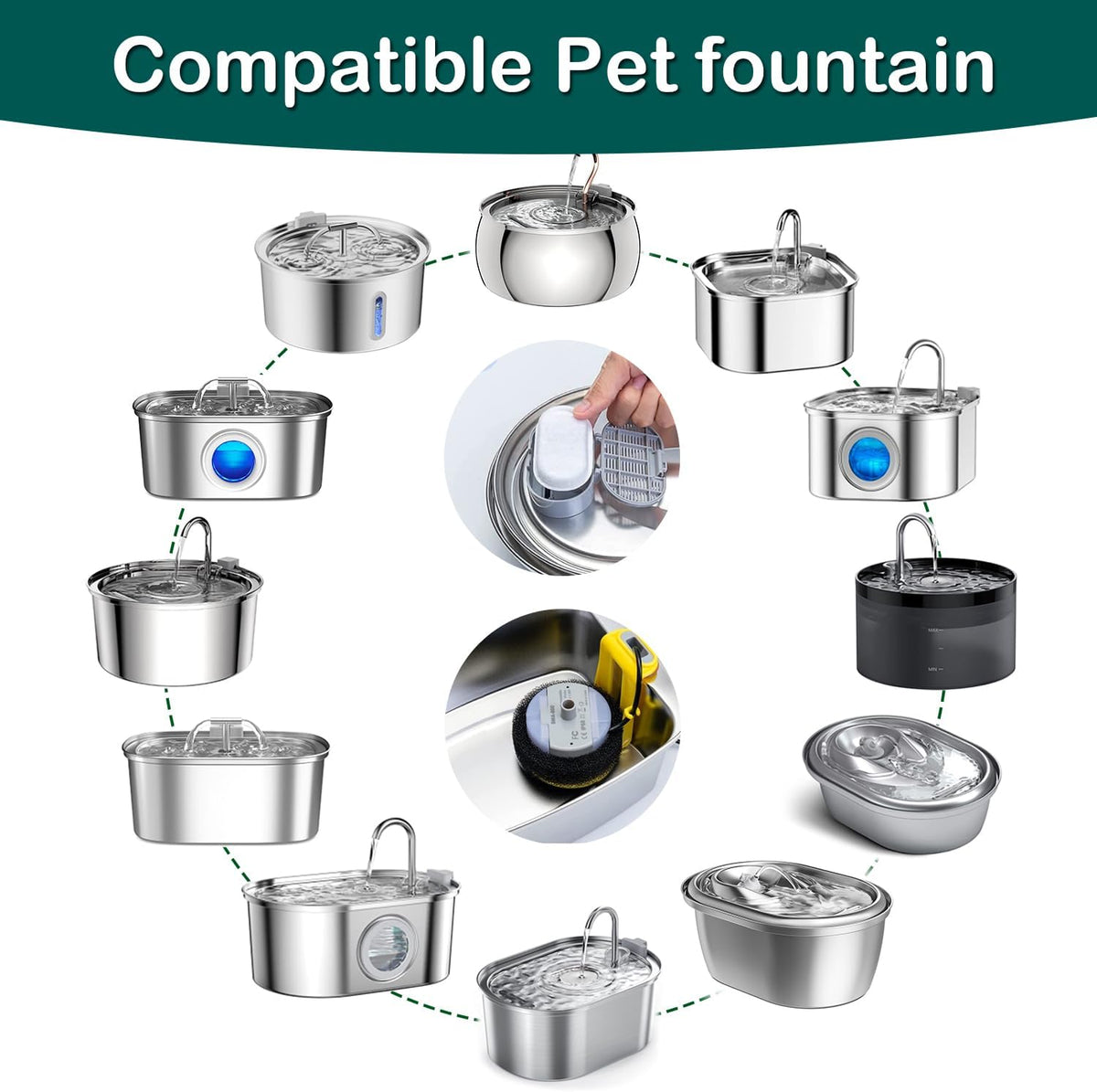 Cat Water Fountain Filter 16Pcs Fit 101oz/3L Stainless Steel Pet - 4 Filters+4 Sponges (2 Month Supply) - image 2