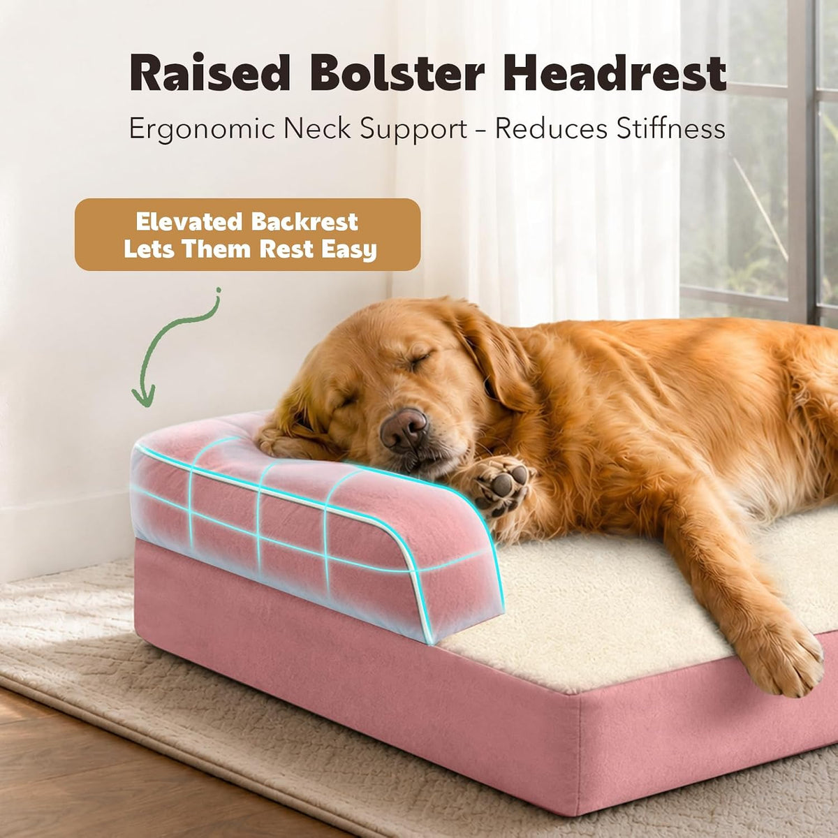 Orthopedic Washable Dog Bed with Bolster for Medium to Large Dogs – Essentials for Dogs - 36.0"L x 27.0"W x 7.0"Th / Pink - image 2