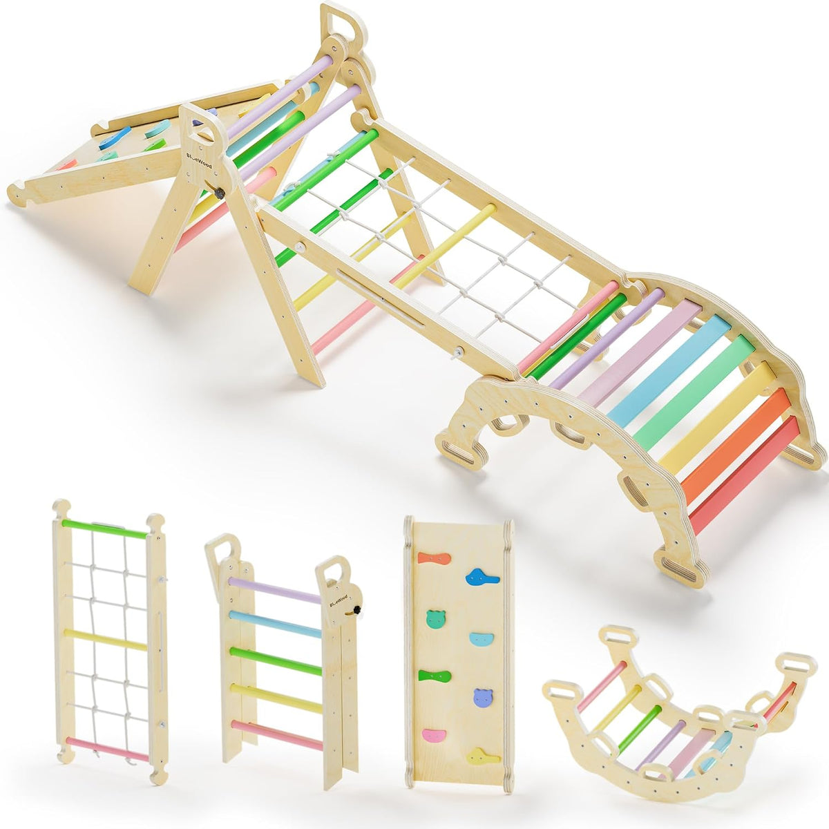 BlueWood 10-in-1 Pikler Triangle Set - Rainbow / Classic