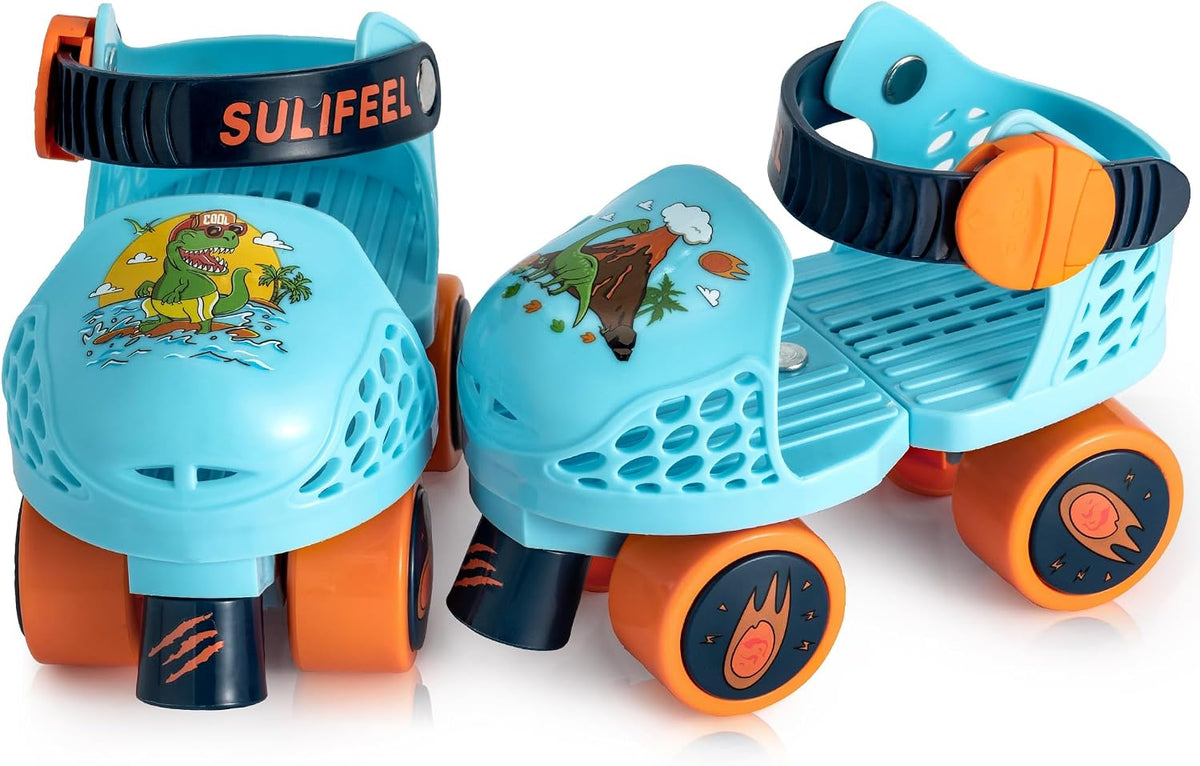 SULIFEEL Kids Adjustable Quad Roller Skates for Girls and Boys – Fun for Kids & Family - Dinosaur Blue