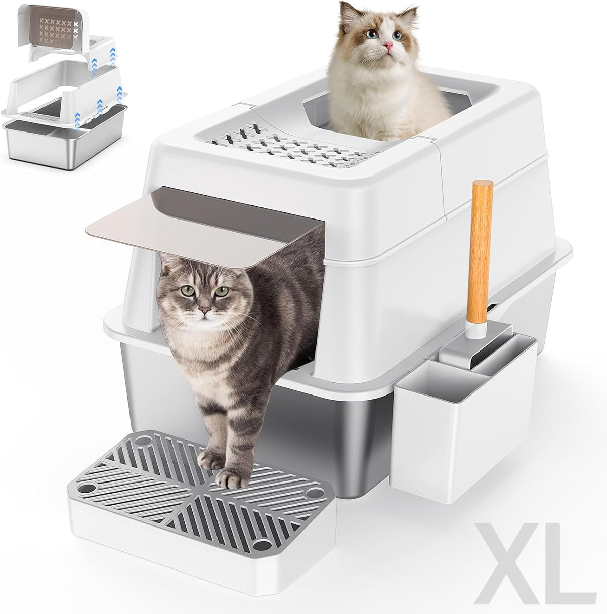 Aphyxen XL Stainless Steel Litter Box with Lid - XL White