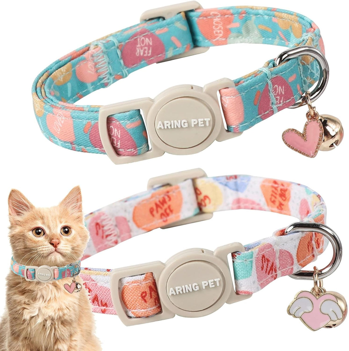 ARING PET 2 Pack Cat Collar-Cute Cotton Cat Collar Breakaway - Valentine-Heart & Blue Heart
