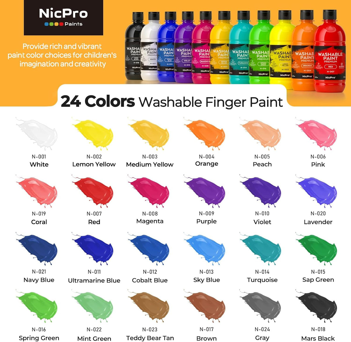 Nicpro 18 Colors Large Washable Paint Set for Kid - 24 Colors / 8.45 Fl Oz (Pack of 24) - image 2