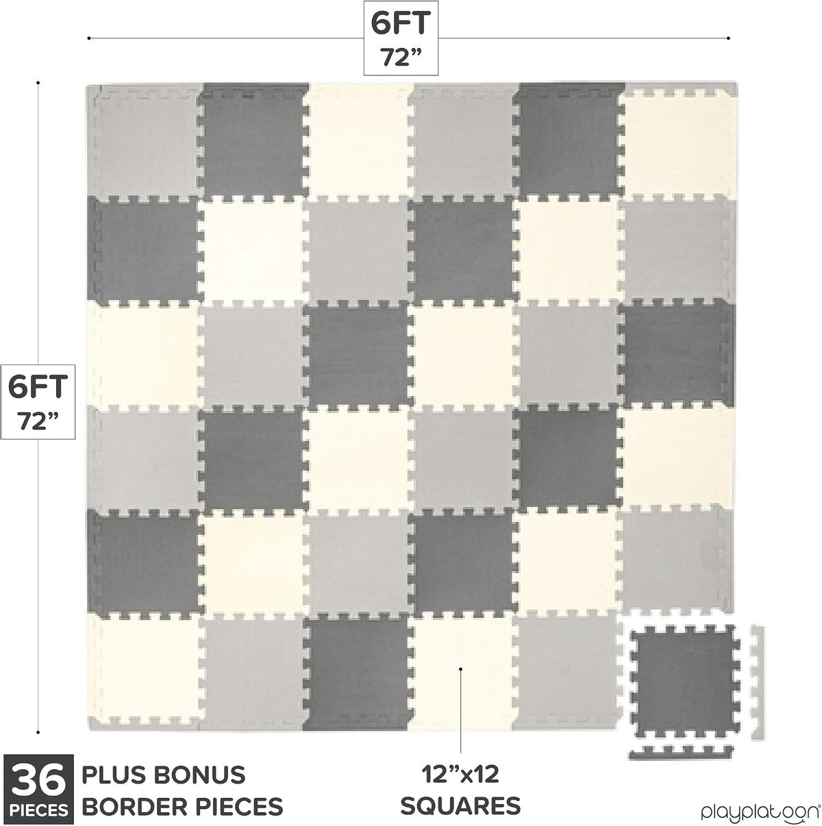 Non-Toxic Extra-Thick 36 Piece Children Play & Exercise Mat - 6 ft x 6 ft (Square) / Grey/Cream/Charcoal - image 2