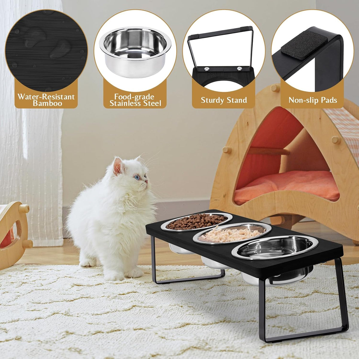 Elevated Cat Food Bowl for Indoor Cats - 3 Bowls / Black - image 3