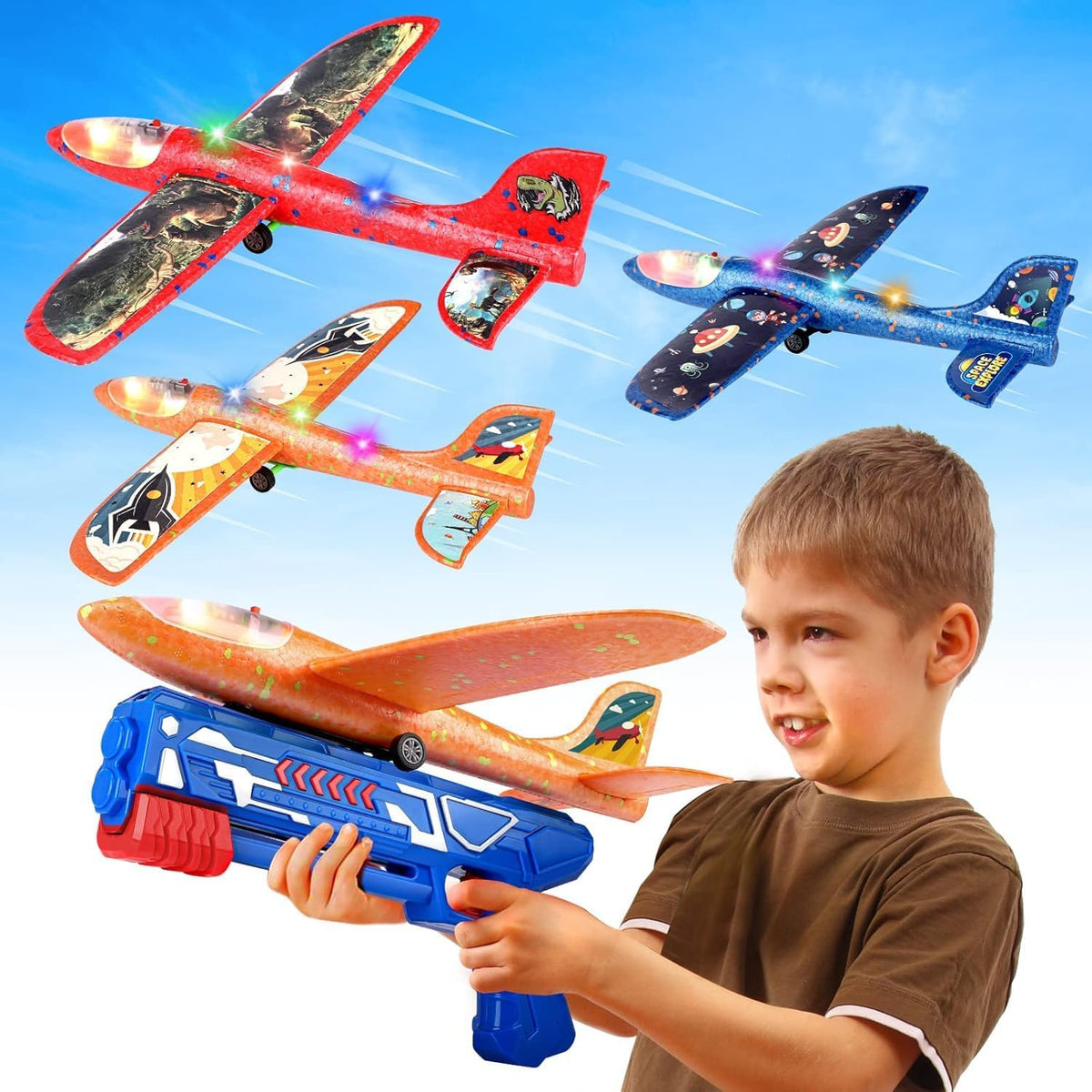 3 Pack Foam Airplane Launcher Toy 12.6" with 3 DIY Stickers - Red&orange&blue