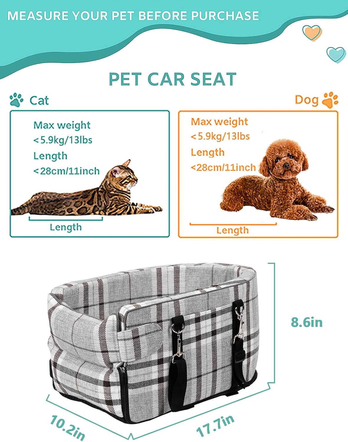 Dog Car Seat for Small Dogs, Center Console Seat for Puppy - Grid Grey - image 2