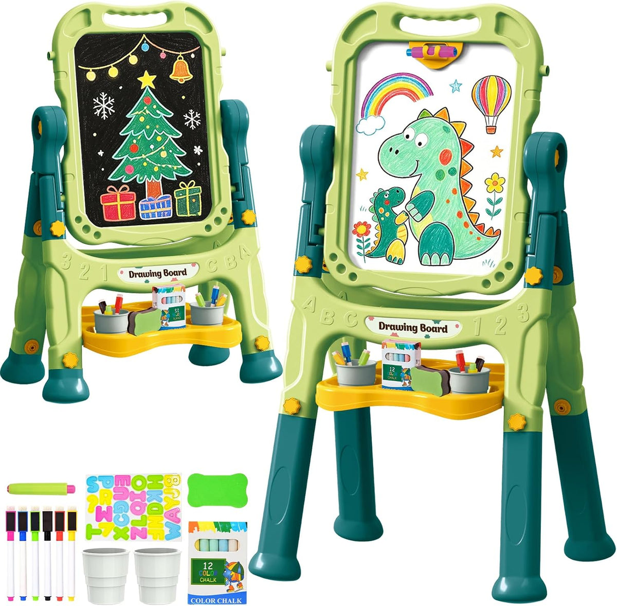 Amagoing Easel for Kids, Adjustable Standing Art Easel for Toddler, Double Side White Chalk Board - Grass Green