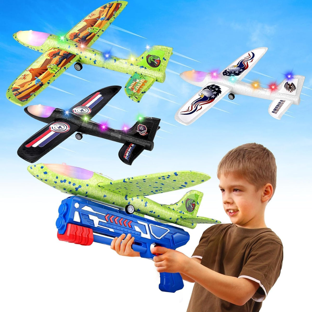 3 Pack Foam Airplane Launcher Toy 12.6" with 3 DIY Stickers - Black&white&green