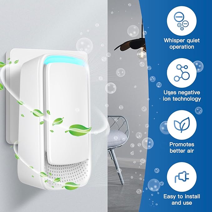 Plug In Air Ionizers - Negative Ion Technology Air Purifier - Quiet Operation Air Freshener for Home, Bedroom, Office, Garage Room - Portable Air Purifiers Odor,Pets Smell - Air Cleaner White (4 Pack）