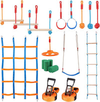VEVOR Warrior Obstacle Course for Kids, 56FT Slackline with Gym Rings, Monkey Bars, Rope Knots, Portable Outdoor Course Training Equipment Set for Backyard