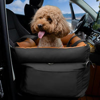 Dog Car Seat for Small Dogs, Large Leather Dog Car Bed with Storage Pocket, Waterproof PVC Leather Booster Seat Travel Bed for Front & Back Seat, Clip-On Safety Leash (Black/Brown)
