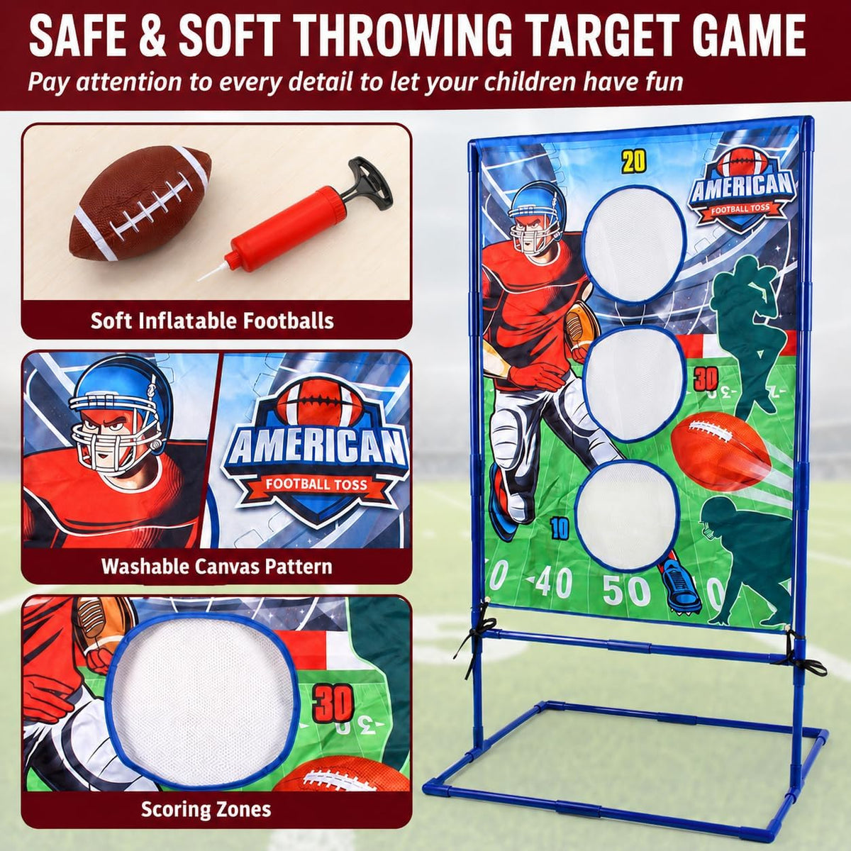 Punieayi football toss game with target net, 4 inflatable footballs, pump and scoreboard - view 3