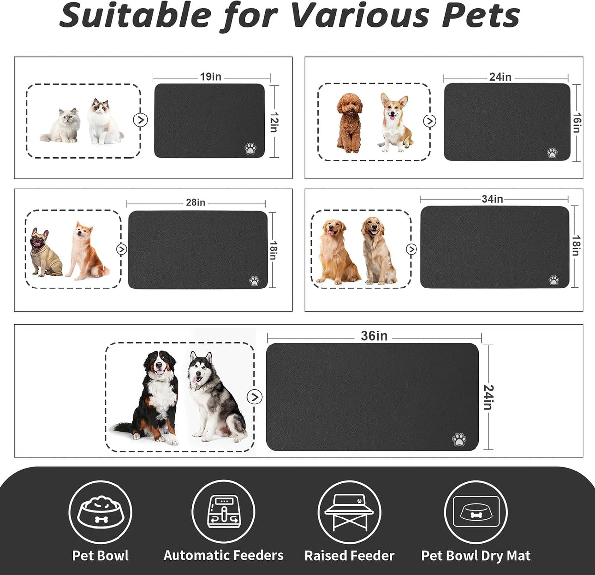 HotLive Dog Food Mat, Absorbent Cat Mat for Food and Water - Paw Black / 24"L x 16"W - image 4