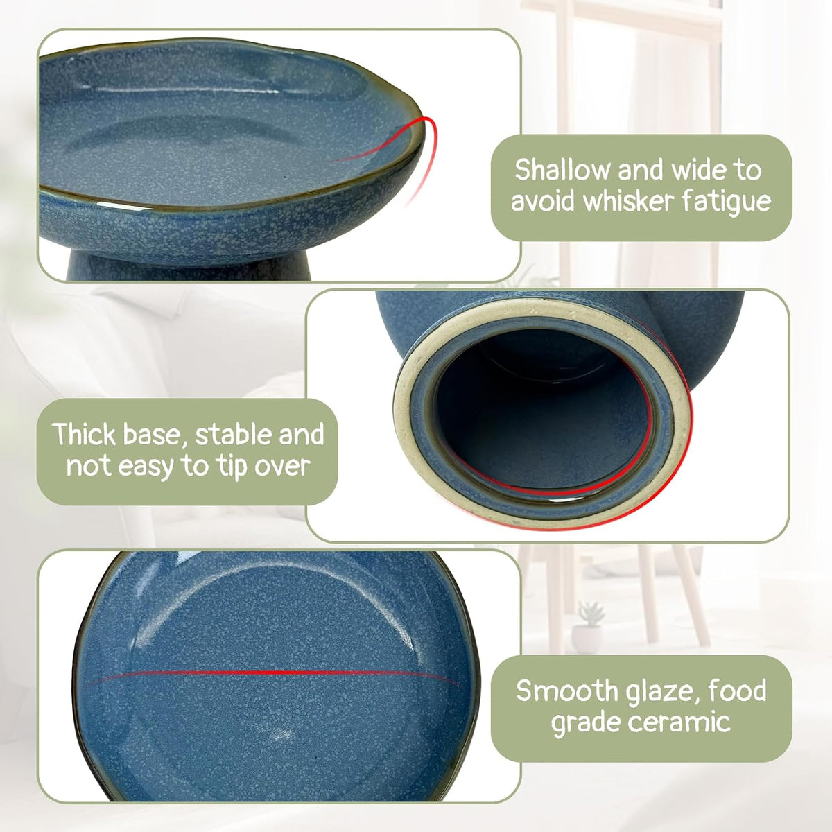 VCEPJH Elevated Cat Bowls 6.1in Wide Shallow Ceramic Raised Food Dish – Essentials for Cats - Blue(Pack of 1) - image 4