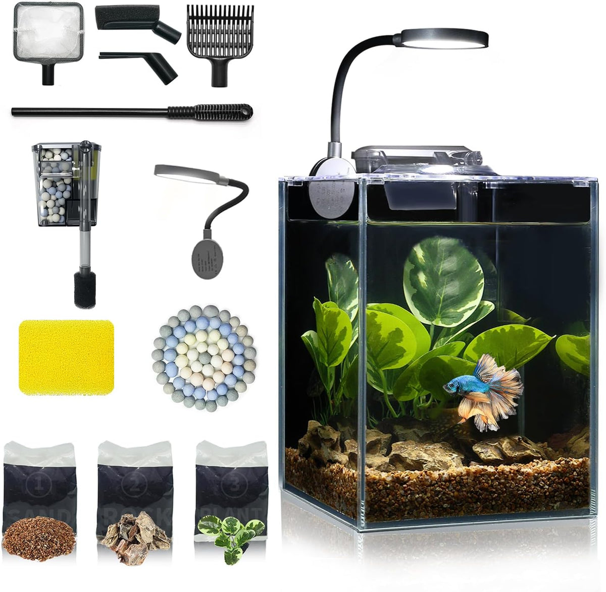 1.25 Gallon Fish Tank Small Glass Aquarium Kit Starter Set Dark - 1 Gallon