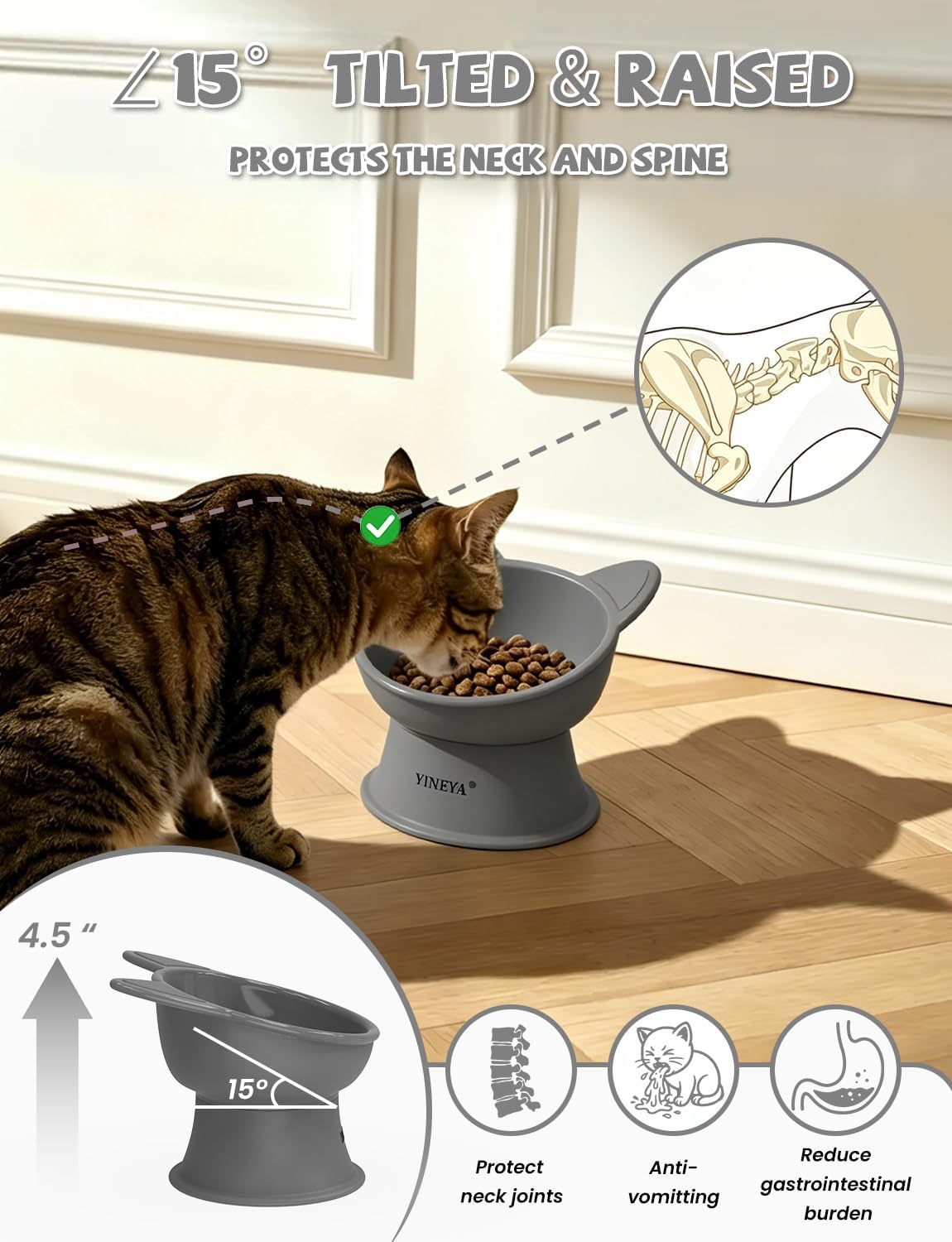 YINEYA 2 Pack Cat Food Bowls Elevated Design for Neck Comfort - Gray - image 2